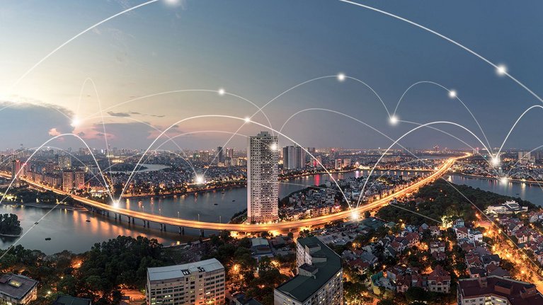 Simulated network between buildings in a big city