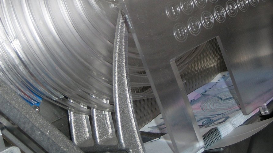 Close-up of BPS® M3 banknote processing system stacker