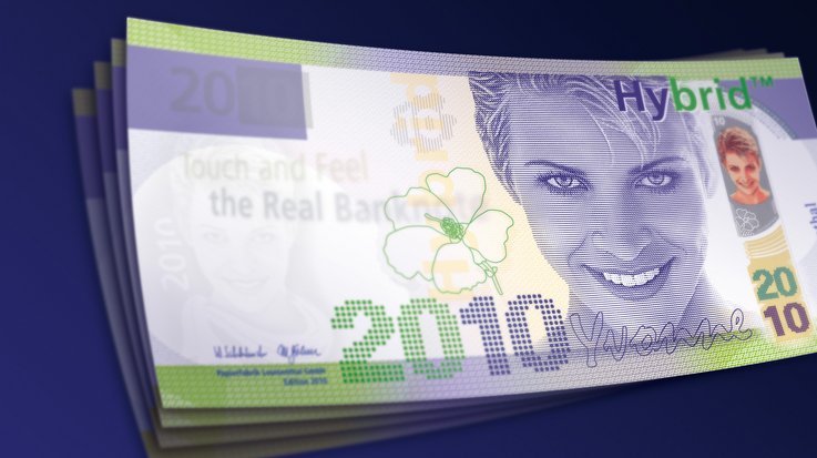 Hybrid sample note with a woman's head design and a matching watermark and foil element