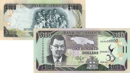 Front and back of Jamaican 100 dollar banknote