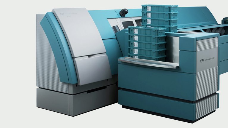 A large machine for banknote processing, which mechanically packs all the bundles issued