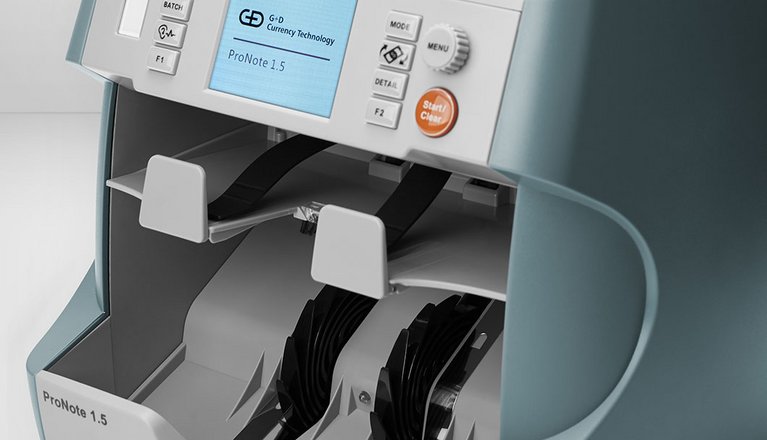 Close-up of the frontside of the ProNote® 1.5 tabletop banknote processing system