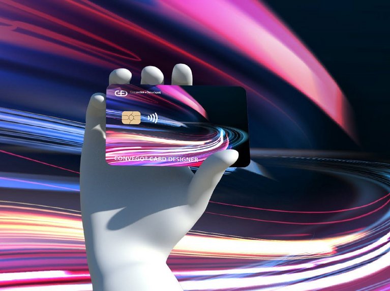 3d model: hand holding a smart card with colorful lights that pass quickly