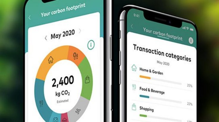 Smartphone screens showing a payment solutions with digital sustainability-oriented tools
