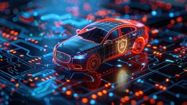 Car with security lock placed on a infinite chip-like floor