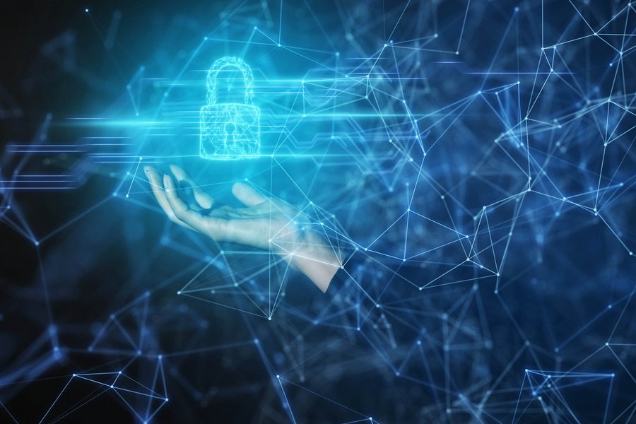 A hand holding a floating virtual lock