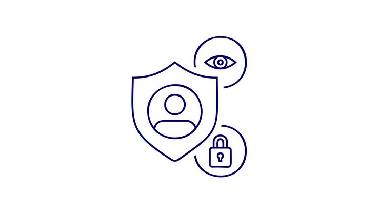 Icon depicting a shield with a person inside, an eye symbol, and a padlock