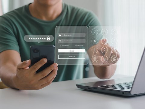 People use smartphones and laptops to log in via digital login forms and security queries.