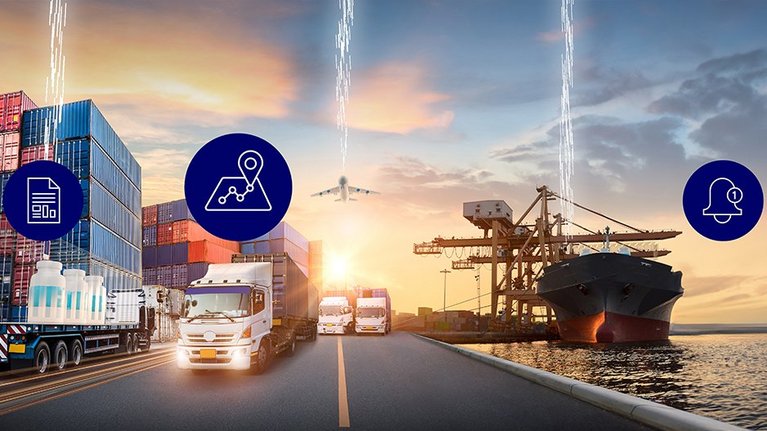 Port with ship, trucks and containers being tracked