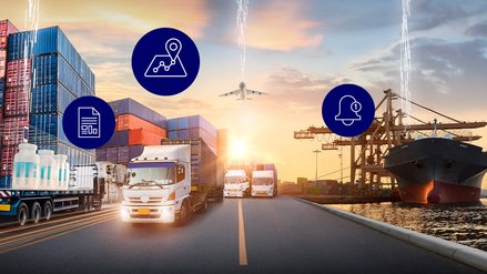 Port with ship, trucks and containers being tracked