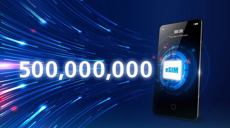 Smartphone displaying an eSIM icon next to “500,000,000,” with streaks of light in the background representing digital data flow.