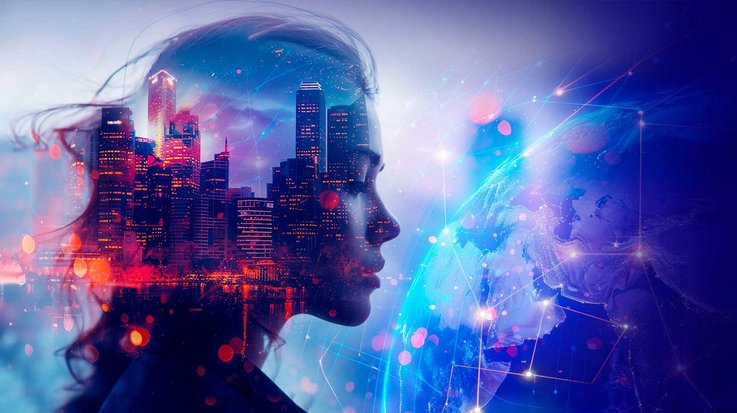 Silhouette of a woman overlaid with a bright city skyline and a glowing globe, symbolizing human connection and futuristic technology.