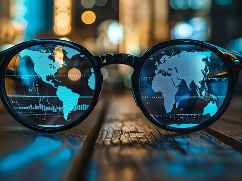 Close-up of eyeglasses reflecting a digital world map and data charts
