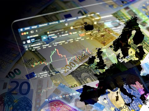 A collage featuring euro banknotes, a stock market chart, and a map of Europe