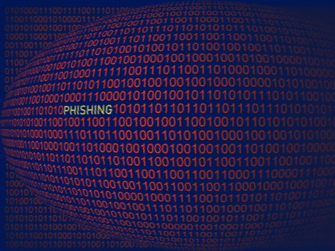 A sphere composed of binary code, with the word "PHISHING" within the code.