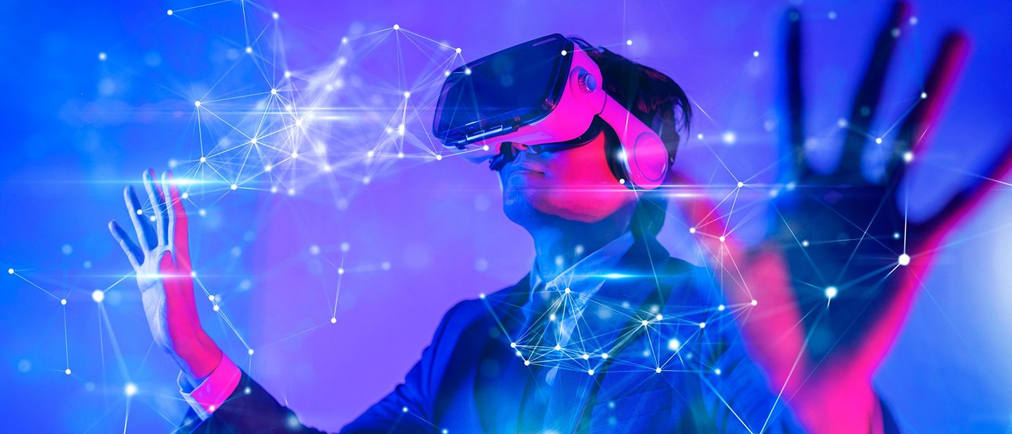 Woman with VR headset, surrounded by digital lines