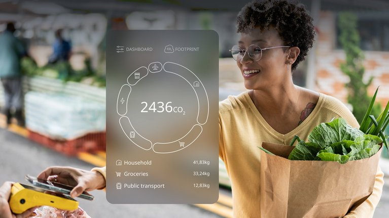 A person holding a grocery bag stands next to a digital interface showing a carbon footprint tracker, with categories for household, groceries, and public transport.