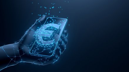 Digital illustration of a hand holding a smartphone with a large euro sign