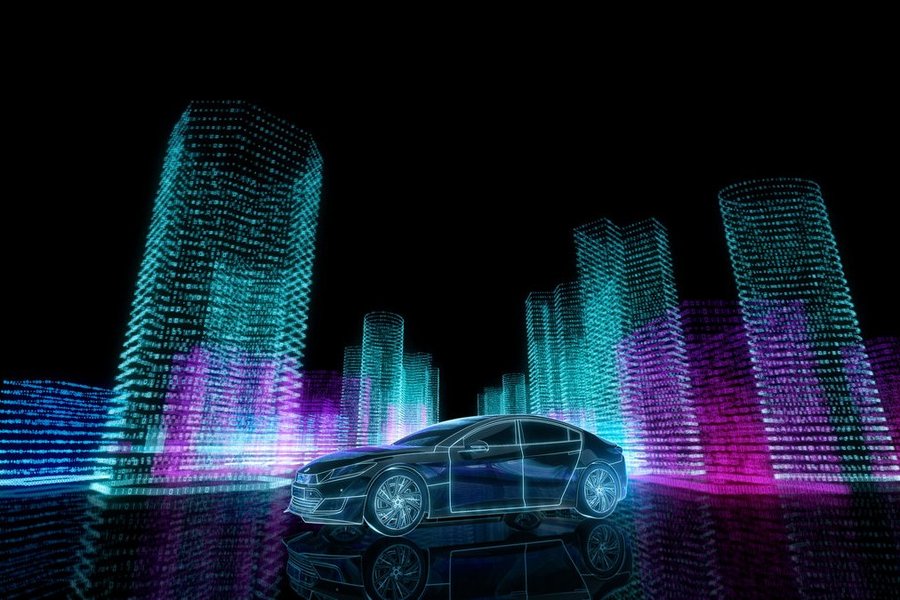 Electric car standing in front of digital city built of binary code stands for always-on connectivity in IoT cars.