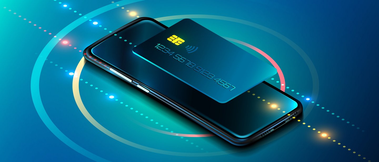 A credit card rests on a smartphone, surrounded by glowing circles and dots symbolizing contactless payment