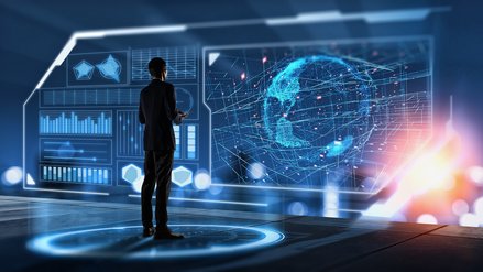 Businessman searching for big data. Digital transformation concept. Innovative and high technology of business.