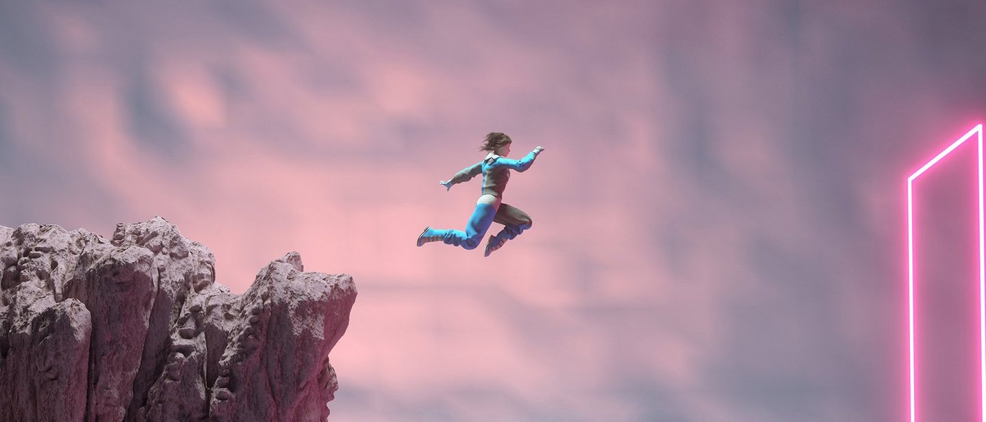 Woman jumps from cliffs into a digital square