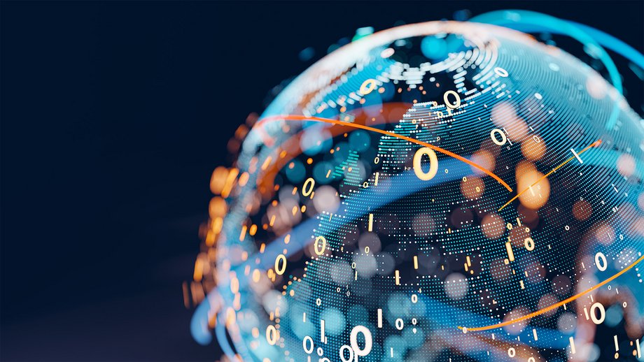 3D model of a globe overlaid with digital lines and zeros and ones