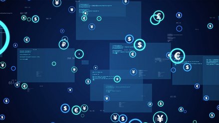 Digital illustration of various documents and symbols for different currencies