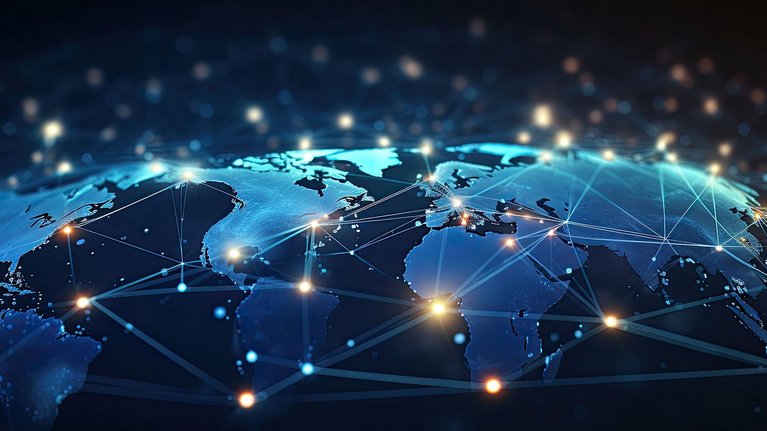 A global map with highlighted points or lines connecting various regions, symbolizing G+D's worldwide supply chain network.