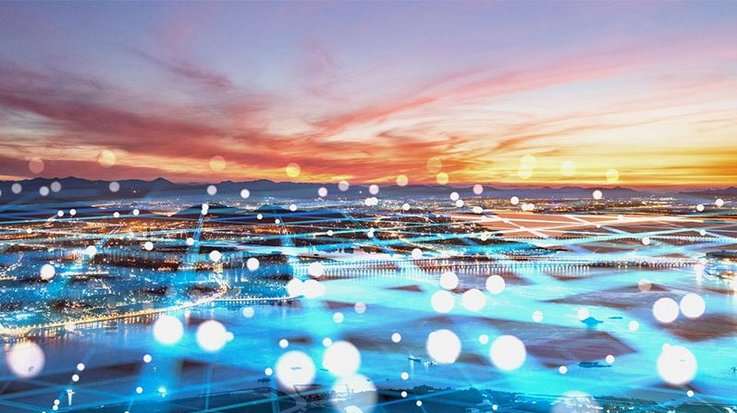 Photography of a city in the sunset, a digital network with extends over it