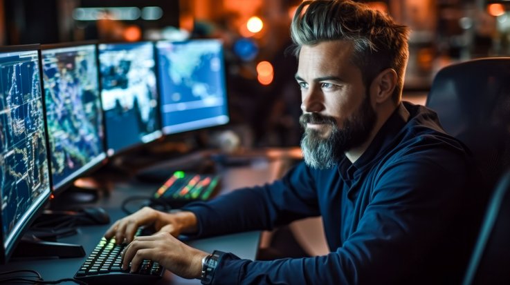 A male person sitting concentrated in front of four computer screens running applications