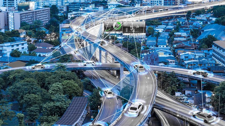 Simulation of connected cars driving on a modern road network of a large city