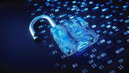 Illustration of a lock with simulated data streams of ones and zeros