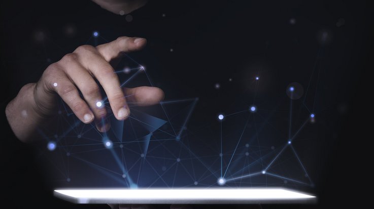finger pointing to a virtual net, that floats on top of a screen
