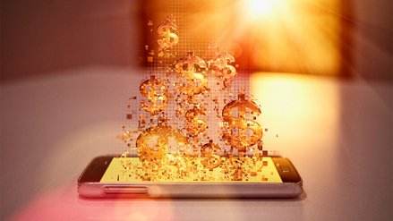 Illustration of golden shimmering dollar signs rising from a smartphone