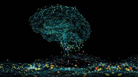 3D illustration of a brain consisting of many luminous dots and lines