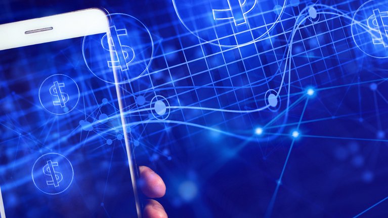 Someone operates a smartphone, in front of it floats various digital financial symbols