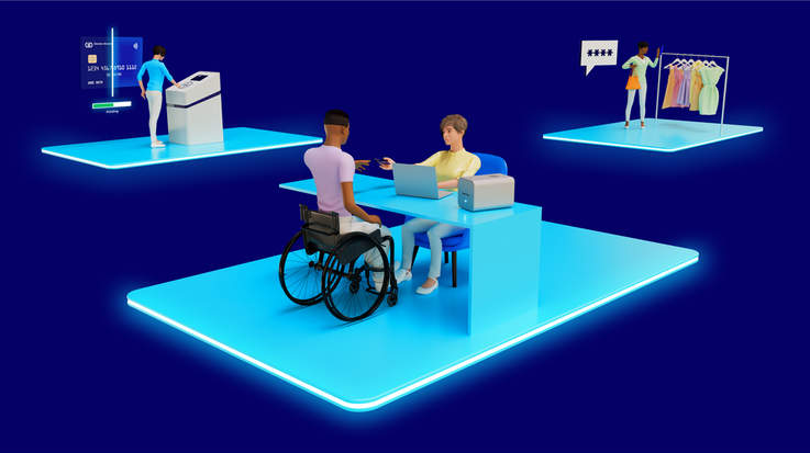 3d model: a person hands over a credit card to another person