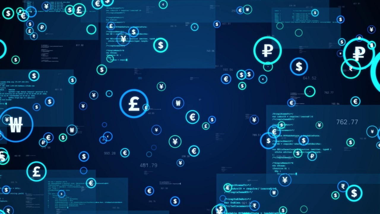 3D graphics of various currency symbols and sections of computer code flying around in confusion