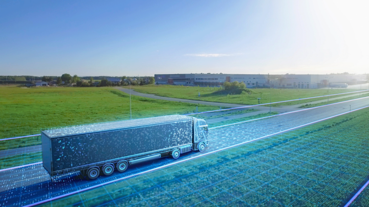 Big Semi Truck with Cargo Trailer Drives on the Road and is Transformed with Graphics Special Effects Into Digitalized Version
