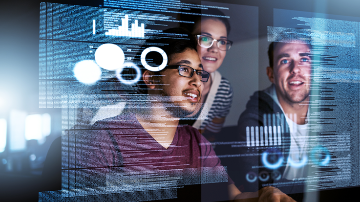 Three colleagues look at a screen, digital data is simulated displayed